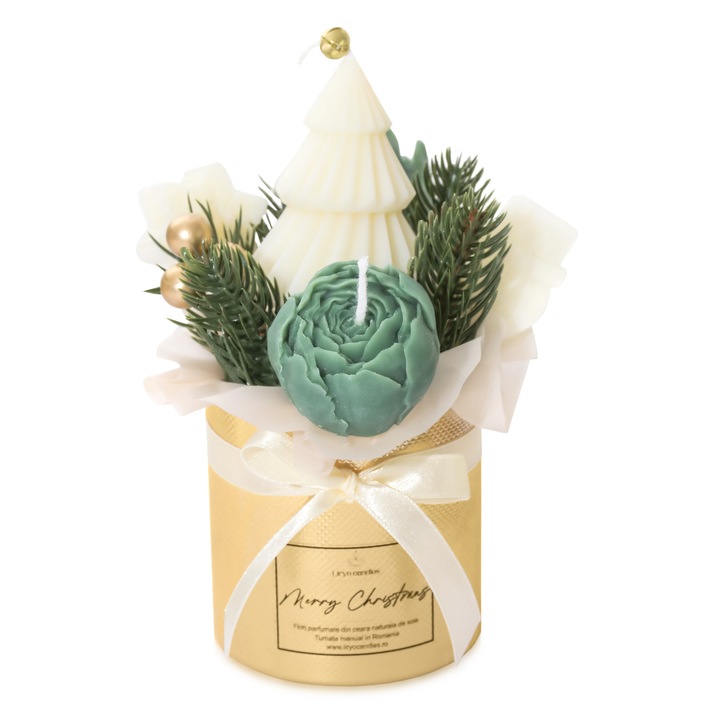 Aranjament mic flori Craciun, Buchet din flori de ceara naturala 100% de soia parfumata si brad artificial, Liryo Candles, Merry Christmas