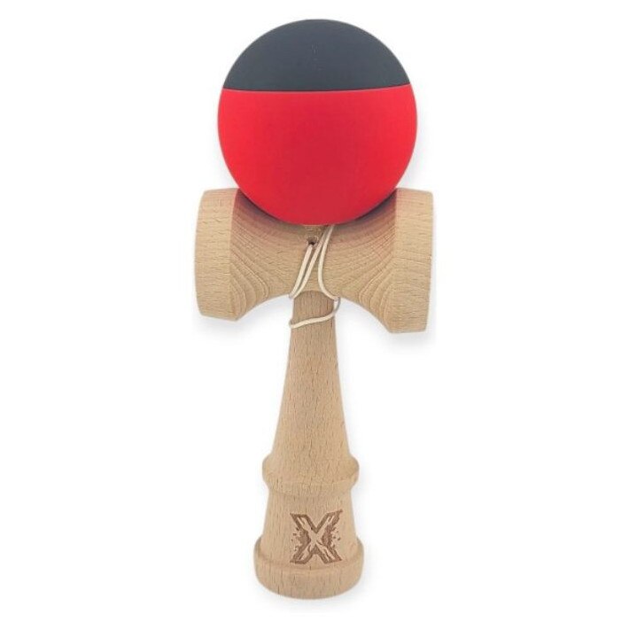 Kendama X profesionala din lemn – bila rosie si neagra cauciucata