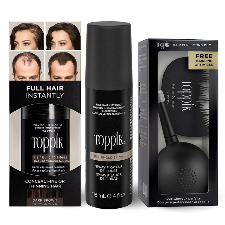 Set complet Toppik Fibre pentru par, Saten inchis, include pudra, fixativ, aplicator spray, hairliner