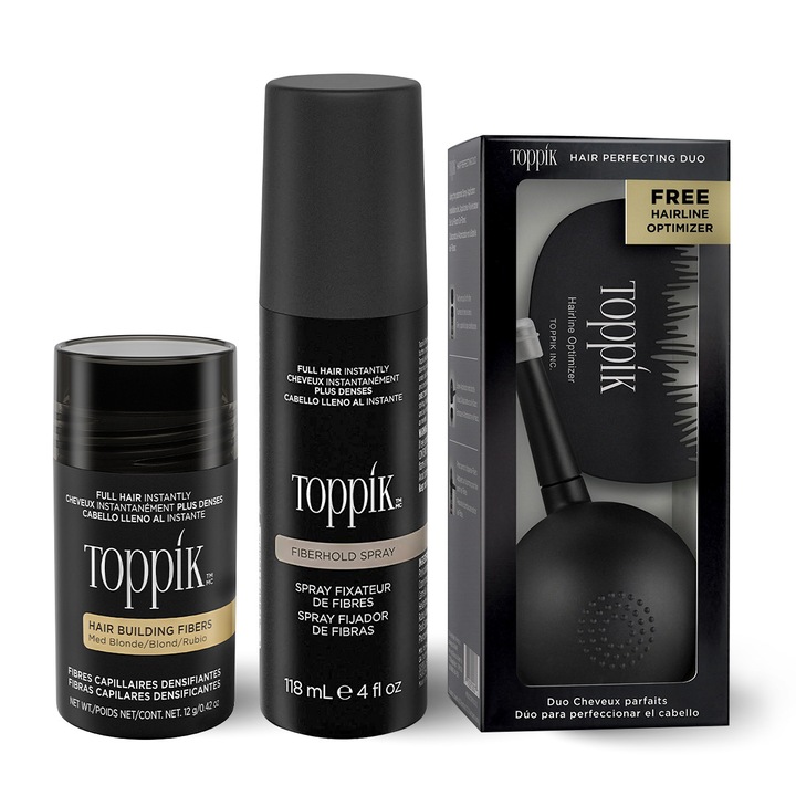 Set complet Toppik Fibre pentru par, Blond mediu, include pudra, fixativ, aplicator spray, hairliner