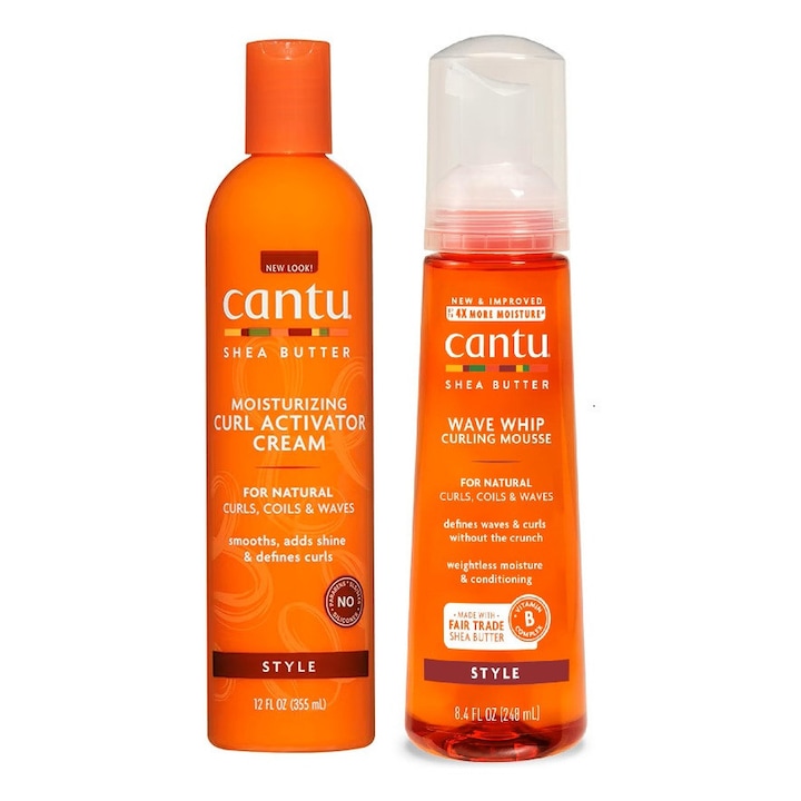 Set Cantu, Crema hidratanta activatoare pentru par cret/ondulat 355 ml, Spuma de par pentru incretire Wave Whip, 248ml