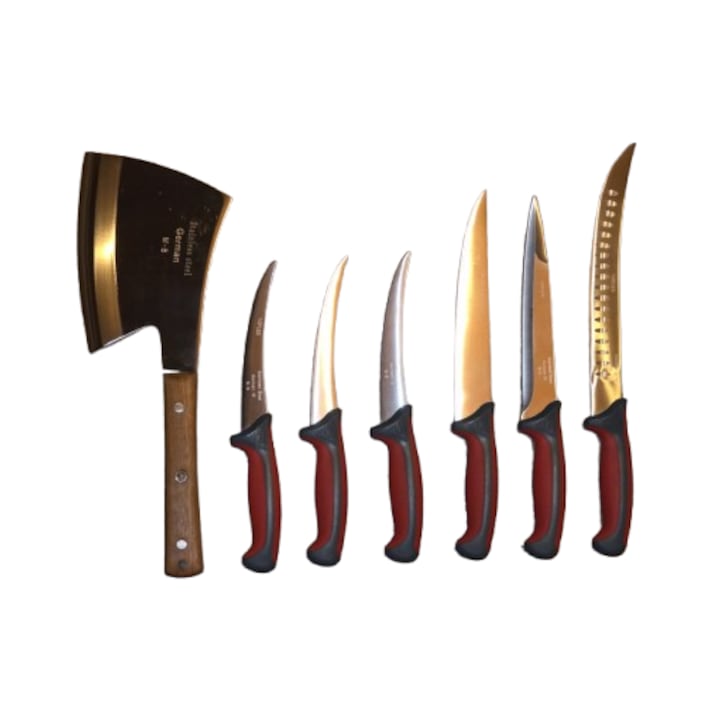 Set 7 unelte profesionale macelarie, VICTINY, cutit injunghiat, cutit filetat, cutit transat, 3 cutite dezosat, satar, otel