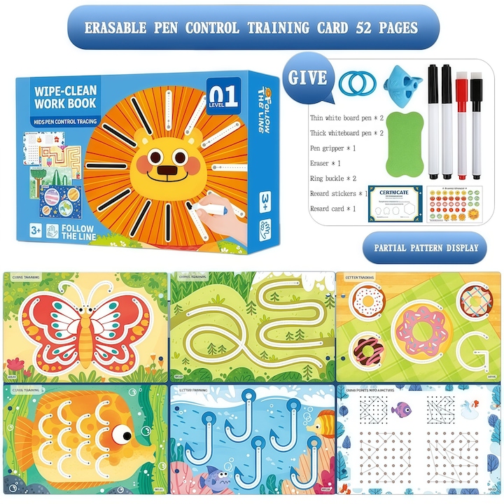 QiFeng™ Caiet Reutilizabil pentru Copii Nivelul 1 – Cartonase de Antrenament cu Stilou Stergibil, 52 de Pagini pentru Trasare si Desen, Exersare a Scrisului, Linii si Litere (3+)