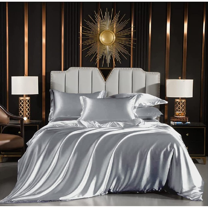 Lenjerie pat, satin, Luofanfei, set 2 piese, husa pilota 220x240 cm, fete perna 80x80 cm, gri