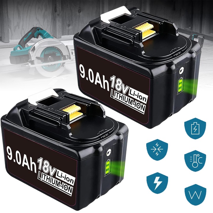 Pachet de doua baterii, Baterie Li-ion, AKKEE®, Pachet de 2 baterii pentru scule electrice 18V 6000mAh, Cu indicator LED, compatibile cu baterie Makita 18V BL1890 BL1860 BL1850B BL1850 BL1840B BL1840 BL1830, Negru