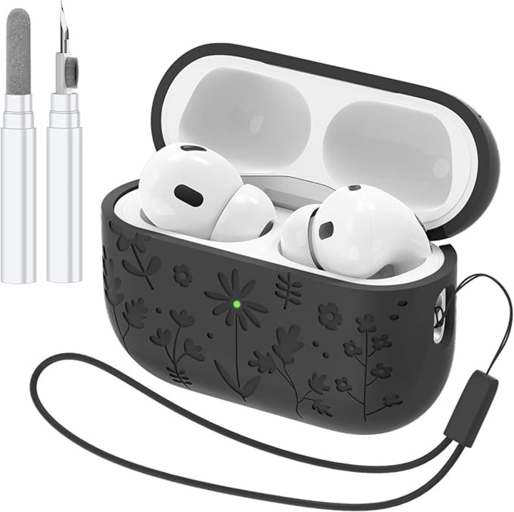 Husa Silicon Protectie pentru AirPods Generatia 4, Cu Lanyard, include perie de curatare, din Silicon Moale, Incarcare Wireless, negru