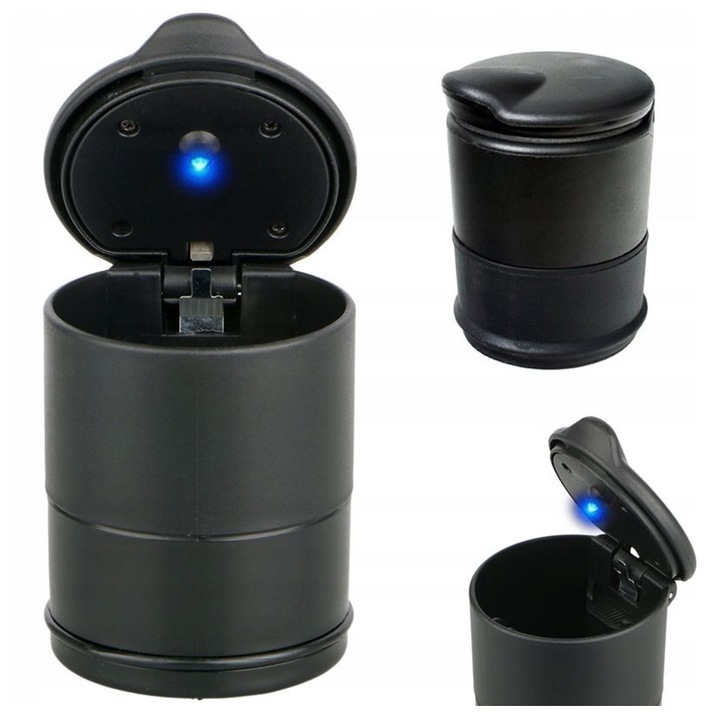 Пепелник с LED осветление за кола LRTM, Елегантен, Универсален, Черен