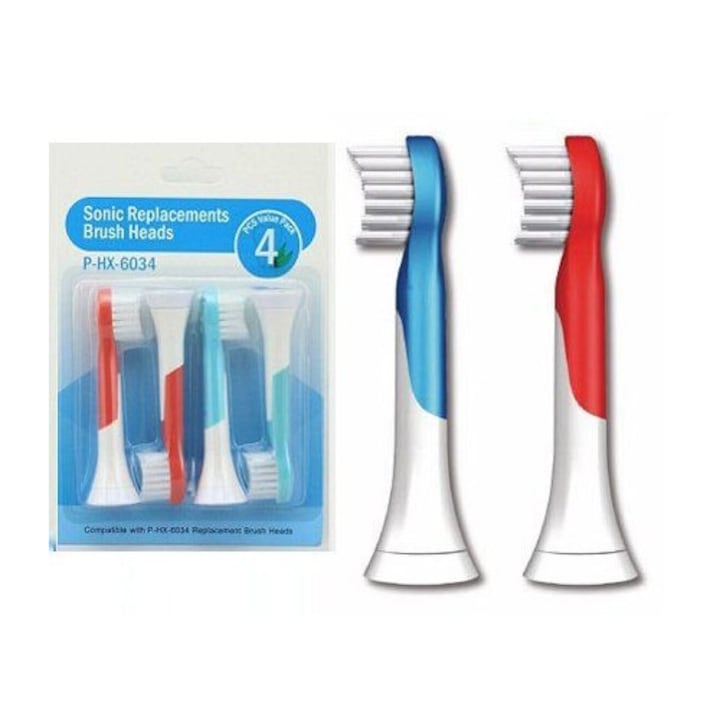 4 броя Philips Sonicare 6034 съвместими глави за електрическа четка за зъби за деца, меки влакна, висококачествена подмяна, LRTM, Бял/Тюркоаз