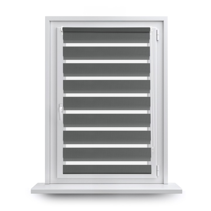 Jaluzea Zi si Noapte, Jaluzea pe carlige, fara gaurire, Roleta textila, Clasica, instalare non-invaziva, Functie MultiStop, SUN DUO, 101 x 140 cm, Gri inchis Grafit