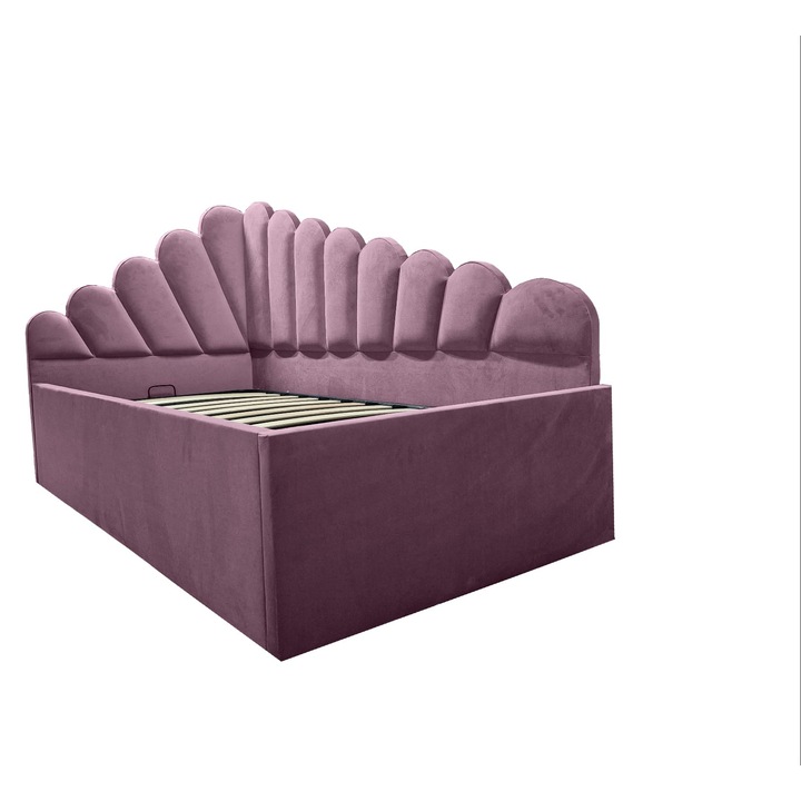 Pat Hera - Dreapta tapitat 120x200 cm cu somiera rabatabila si spatiu depozitare roz pudra