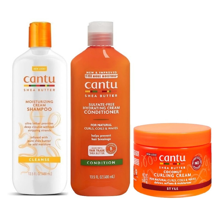 Set Cantu Shea Butter, Sampon hidratant 400 ml, Balsam hidratant 400 ml, Crema pentru incretirea parului cu cocos 340 g, pentru par cret/ondulat