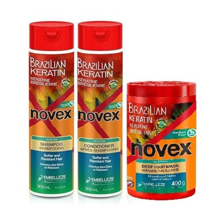 Set Novex Keratină Braziliană, Șampon 300 ml, Balsam 300 ml, Mască 400 ml, reparare, elasticitate, multicolor
