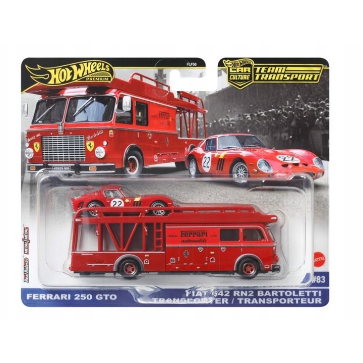Комплект метални колички Hot Wheels, Ferrari 250 GTO & Fiat 642 #83 Team Transport, 1/64, червен, 7x12см
