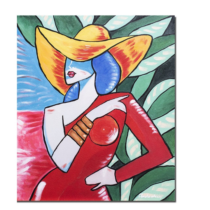 Tablou modern pictat manual, Femeie cu palarie, 60x50cm ulei pe panza, in stil Pablo Picasso