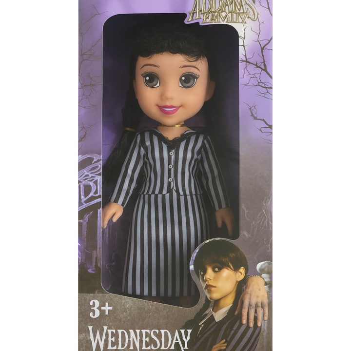 Papusa articulata inspirata din universul Wednesday, 28 cm, par impletit si rochie gri cu dungi negre