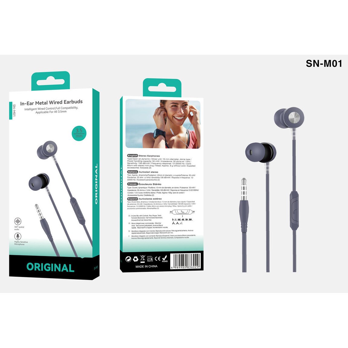 Casti cu fir de 3,5 mm compatibile cu Huawei Android, tip in-ear, SN-M01, cu cauciuc moale, pot raspunde la apeluri