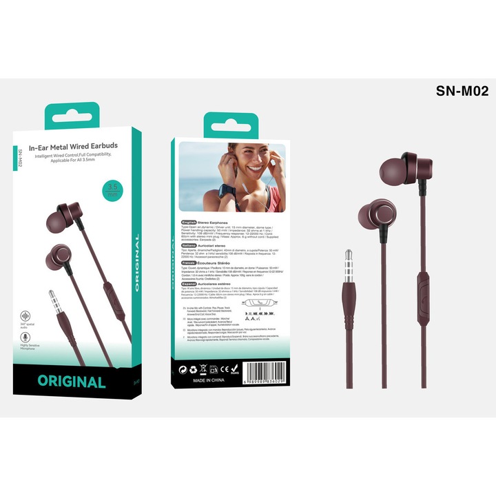 Casti cu fir, in-ear, cu mufa de 3.5mm, maro
