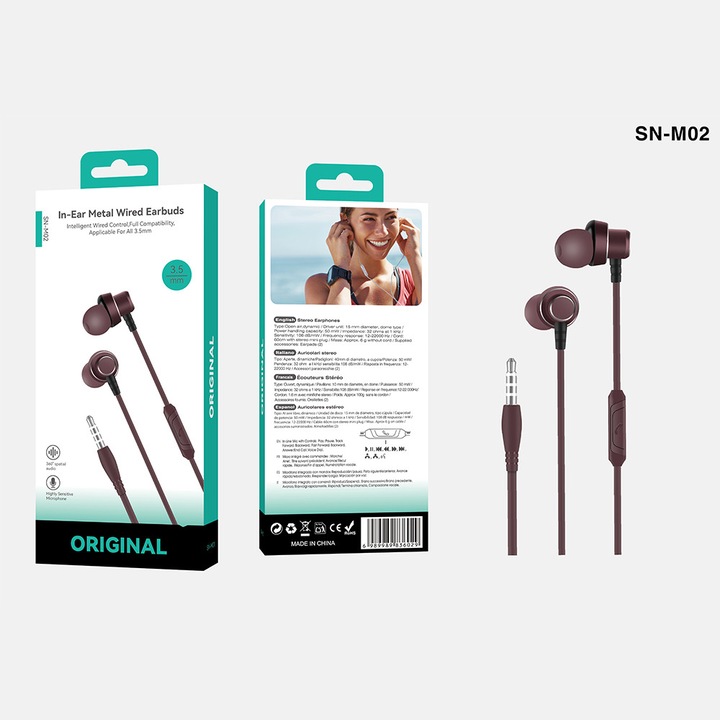 Casti in‑ear metalice, cu fir, jack 3.5 mm, maro, cu microfon, redare pauza muzica, fara butoane volum