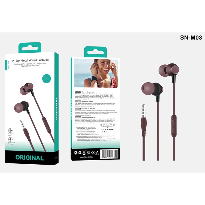 Casti cu fir, in-ear, Jack 3.5mm, maro