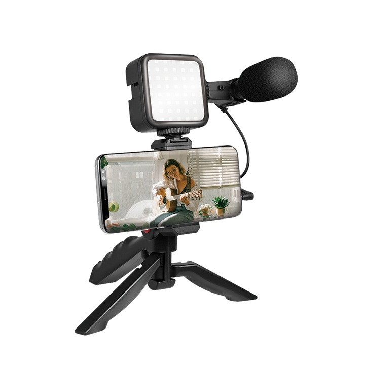 Set vlogger, stativ 2 in 1, microfon cardioid, lampa LED, pentru smartphone-uri 4,7-7 inch