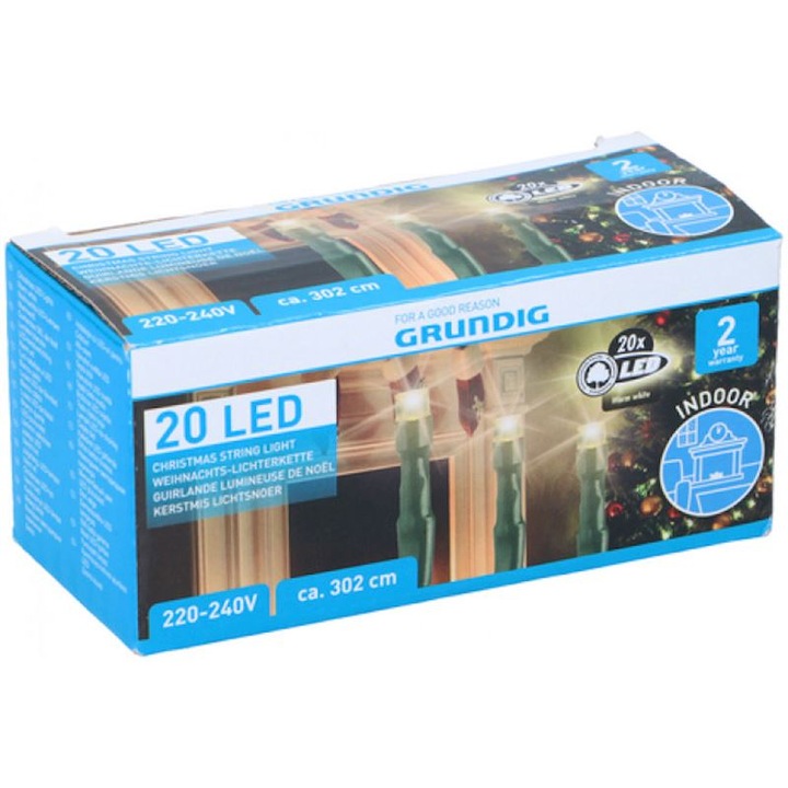 Instalatie luminoasa de Craciun, Grundig, 20 LED-uri, Lumina alba calda, 3 metri, 220–240V