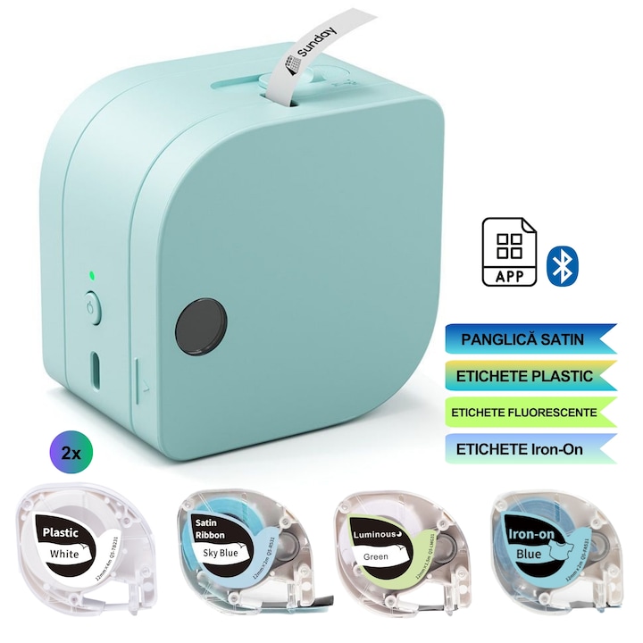 Set Imprimanta Termica si 5 Cartuse, Imprimanta de Etichete, de Panglica, Multifunctionala, Portabila, 1000mAh, Imprima pe Satin, Plastic, Iron-on, Fluorescent, Bluetooth, Aplicatie (Android/iOS), Etichete/Panglici Personalizate, Turcoaz