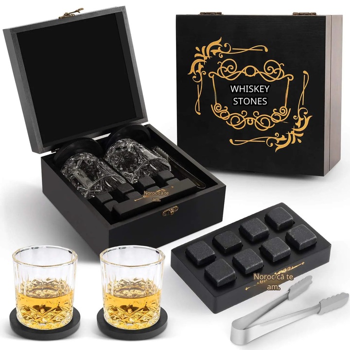 Set cadou Pahare whisky, E EASTSTORM, 8 pietre whisky, cutie lemn, natur