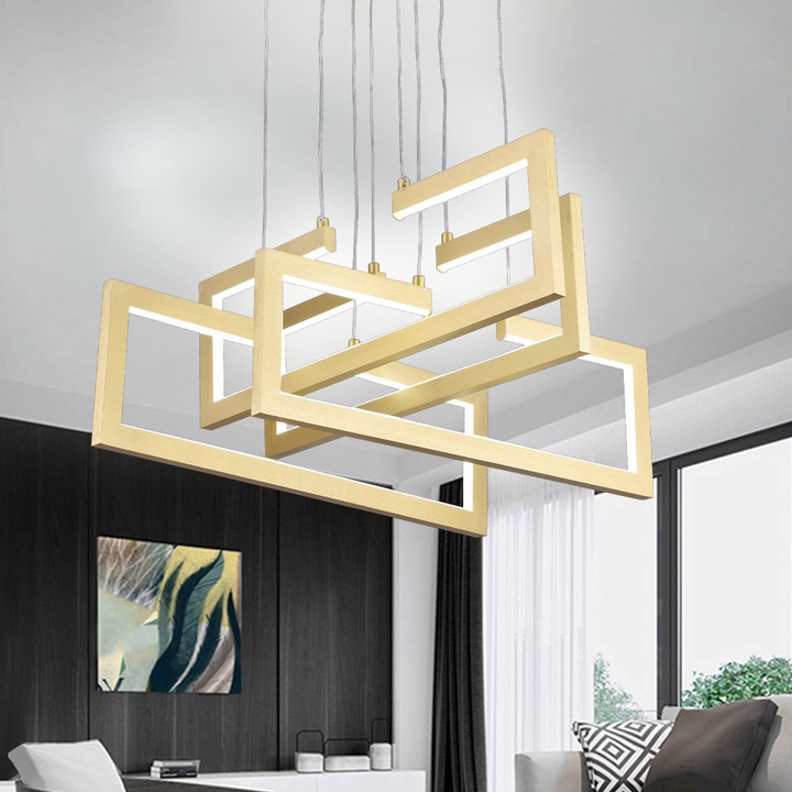 Lustra LED suspendata 98W, lumina dimabila rece/calda/neutra, telecomanda, finisaj auriu