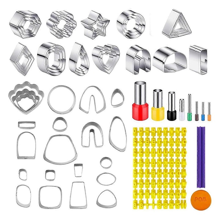 Комплект инструменти за обеци от полимерна глина, 51 форми, 8 кръгли резачки, 2 печата с букви, метал
