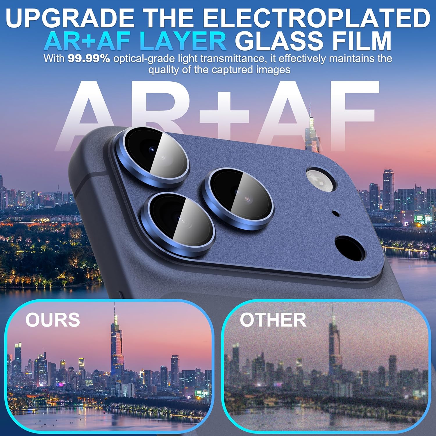 Protectie lentila camera spate, aliaj de aluminiu/sticla temperata, albastru, compatibil cu iPhone 17 Pro