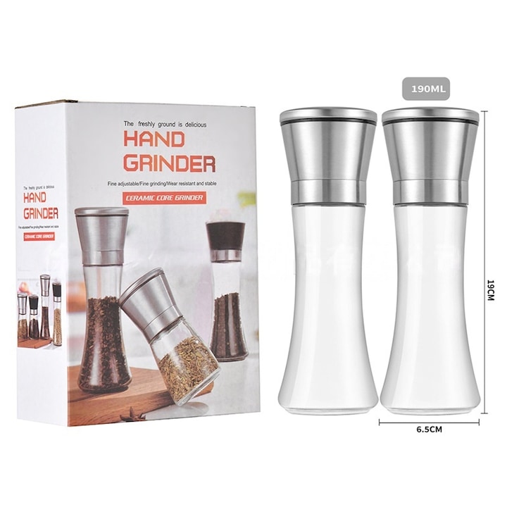 Set de 2 rasnite de sare si piper, otel inoxidabil si sticla, rotor reglabil pentru macinare, 180ML