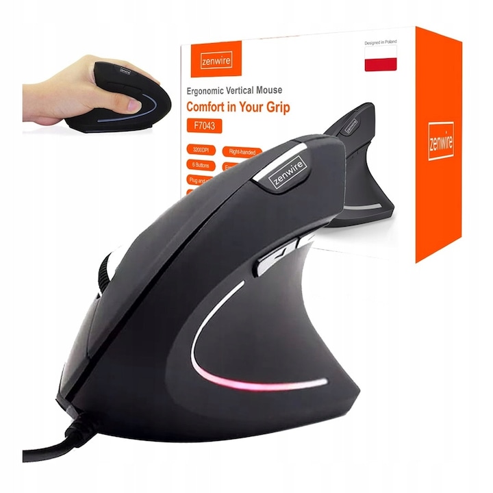 Maus vertical Zenwire F7043, ergonomic, cablu 1m, 6 butoane, negru, 120x75x64mm