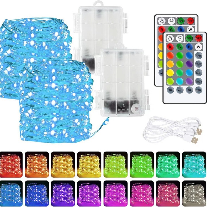 Set de lumini decorative pentru exterior, ZOUN, lungime totala 12 metri, 120 lumini LED RGB, 2 telecomenzi, rezistent la apa, potrivit pentru utilizare in interior si exterior, alimentat cu baterii/USB