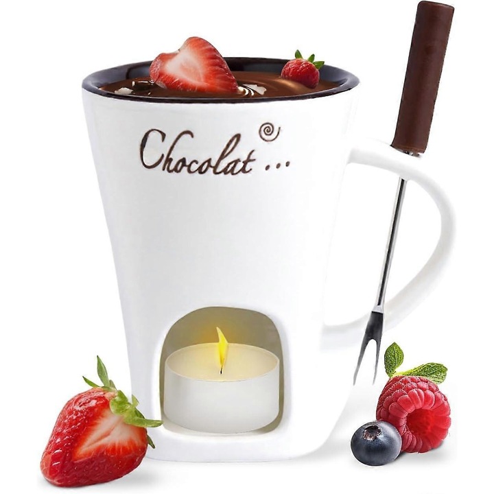 Cana fondü, kerámia, villával és gyertyával, fehér