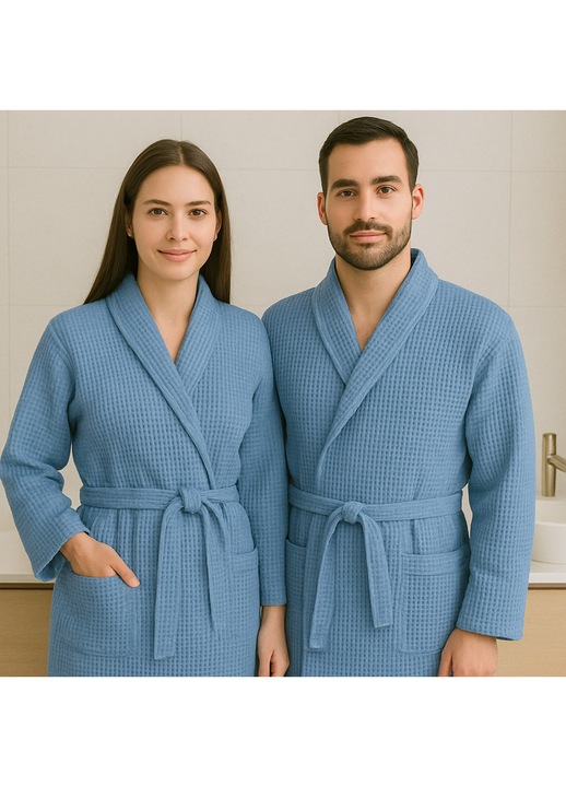 Halat baie si SPA Hotel gofrat tip fagure cu guler Kimono 100% Bumbac, Albastru XXL