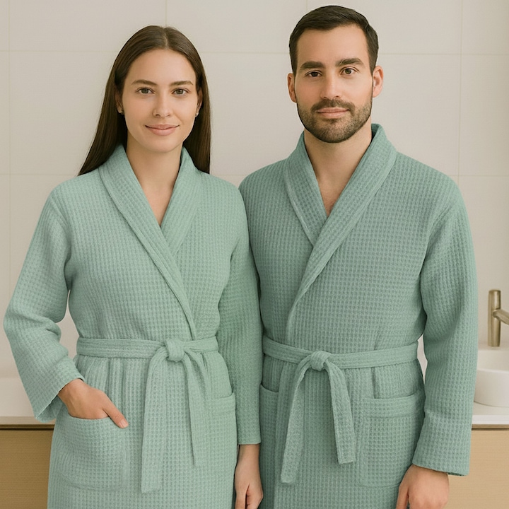 Halat baie si SPA Hotel gofrat tip fagure cu guler Kimono 100% Bumbac, Verde Mint M/L
