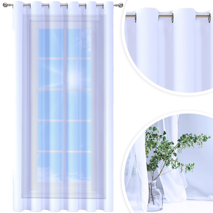 Perdea, Homeview, 200x250 cm, Alb, Pentru camera de zi si dormitor, Cu inele, Decorativ, Montaj usor, Poliester