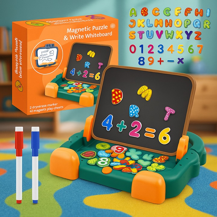 Tabla educativa magnetica 2 in 1 pentru copii – cu litere, cifre, semne matematice si markere, puzzle educativ pentru invatare prin joaca, varsta 3 ani+