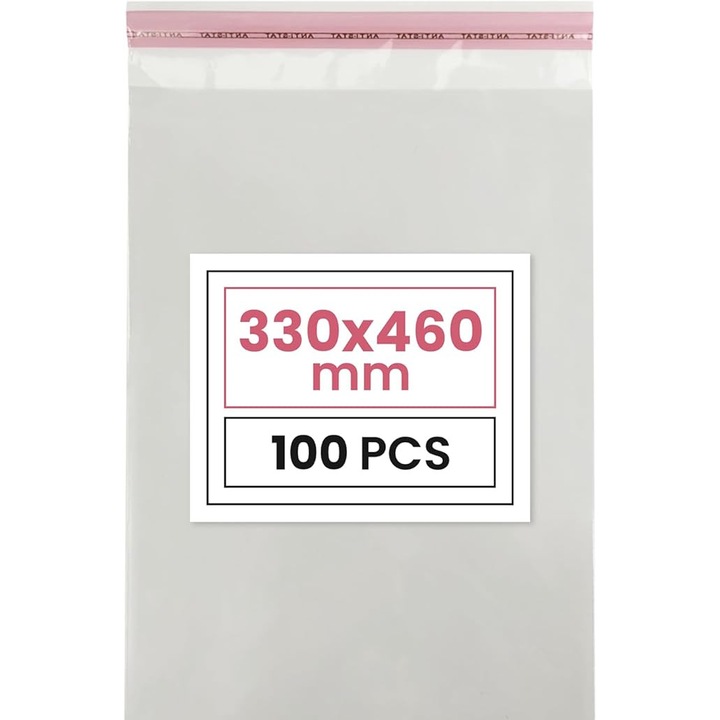 Прозрачна чанта от фолио, голяма, Нептуно, самозалепващ полипропилен, 33 x 46 см, 3 см капак, дебелина 25 микрона, идеална за опаковане, 100 бр