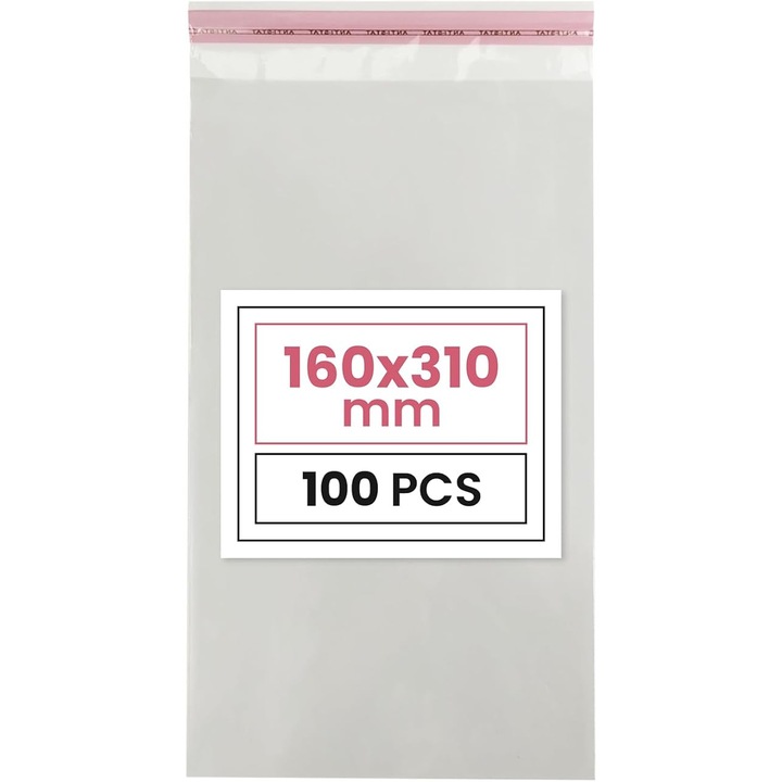 Прозрачен плик от фолио, Netuno, самозалепващ се полипропилен, 16 x 31 см, капак 3 см, дебелина 25 микрона, идеален за опаковане, 100 бр