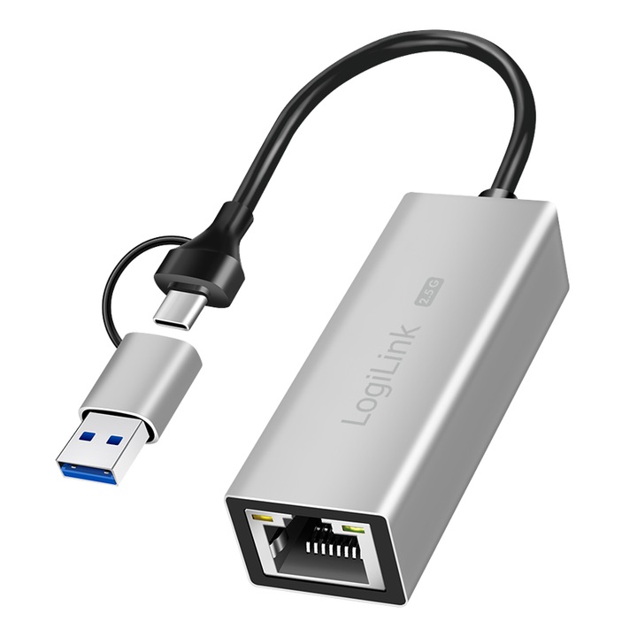 Adapter retea LogiLink 2,5G USB-A/USB-C, viteza 2500 Mbps, dimensiuni 6x2,4x1,7cm