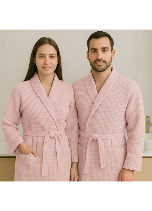 Halat baie si SPA Hotel gofrat tip fagure cu guler Kimono 100% Bumbac, Roz Pudra XXL