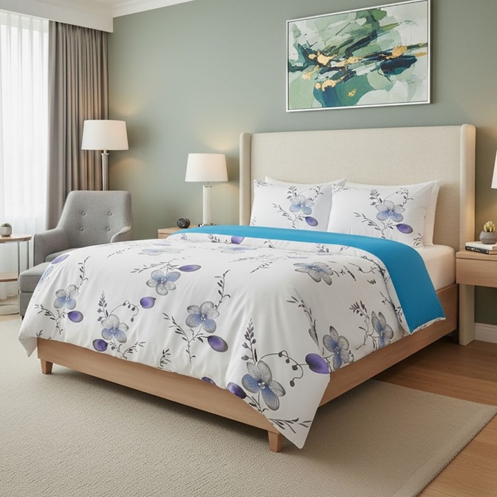 Lenjerie de pat dublu cu flori albastre, policoton, 4 piese, 230 x 250 cm, Lenjerii Deosebite