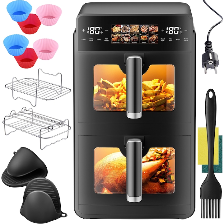 Двоен фритюрник с горещ въздух POKKO DUAL AIRFRY™, 10L (2×5L), 2600W, цифров сензорен LED панел, 10 предварително зададени програми, регулируема температура, без масло, 2 ръкавици, 2 решетки, четка, 6 форми, черен