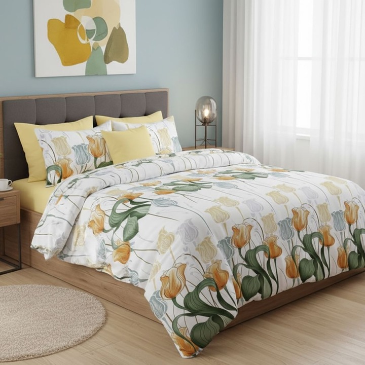 Sárga tulipános dupla ágyneműhuzat garnitúra, polipamut, 4 részes, 230 x 250 cm, Különleges Ágyneműk