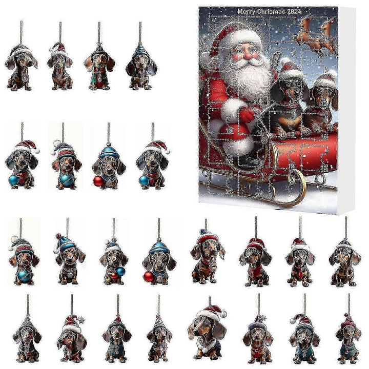 Calendar de Advent Craciun cu Figurine Caini, Set Ornamente pentru Pomul de Craciun, Multicolor