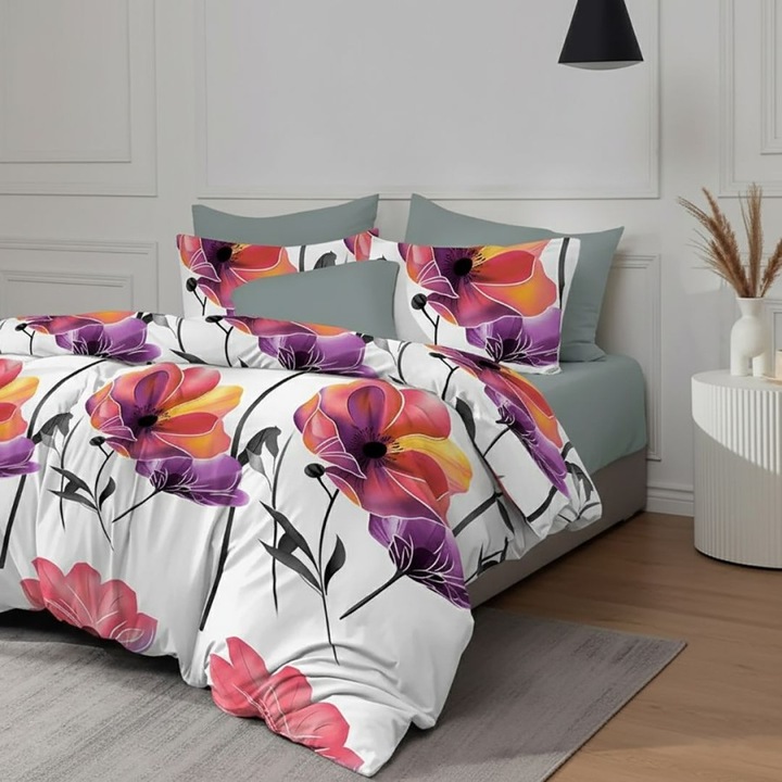 Többszínű virágos, polipamut, 4 részes dupla ágynemű, 230 x 250 cm, Különleges Ágyneműk