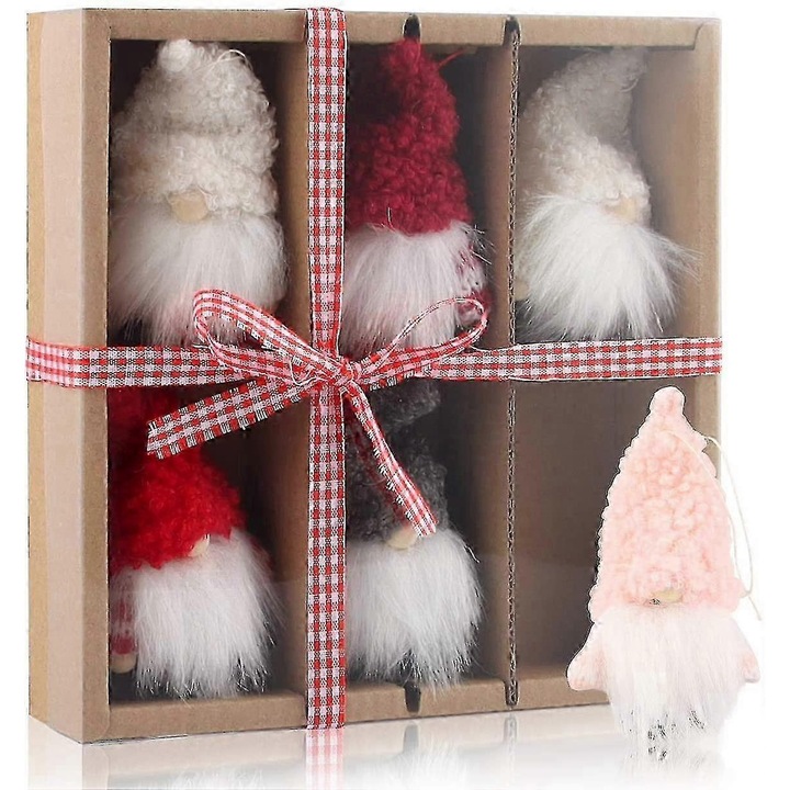 Set 6 Figurine Gnomi Craciun, Decoratiuni Craciun, Mosnegi din Fleece, Multicolor, 18x18x4.5cm