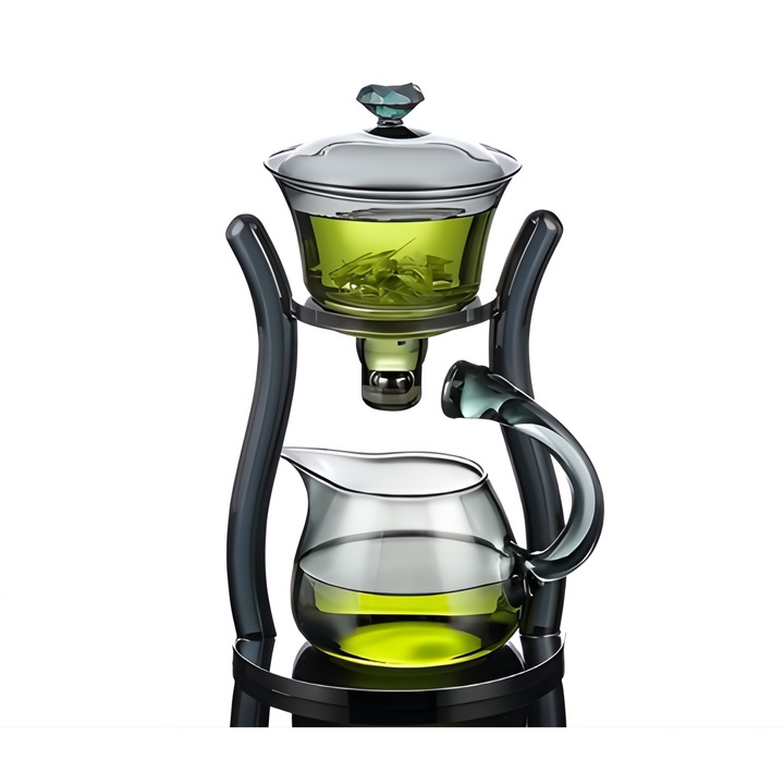 Ceainic semi-automat din sticla borosilicata, Sellera®, termorezistent, lucrat manual, design rafinat si ingenios, dotat cu mecanism de scurgere actionat magnetic, negru