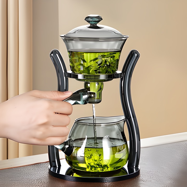 Ceainic semi-automat din sticla borosilicata, Sellera®, termorezistent, lucrat manual, design rafinat si ingenios, dotat cu mecanism de scurgere actionat magnetic, negru